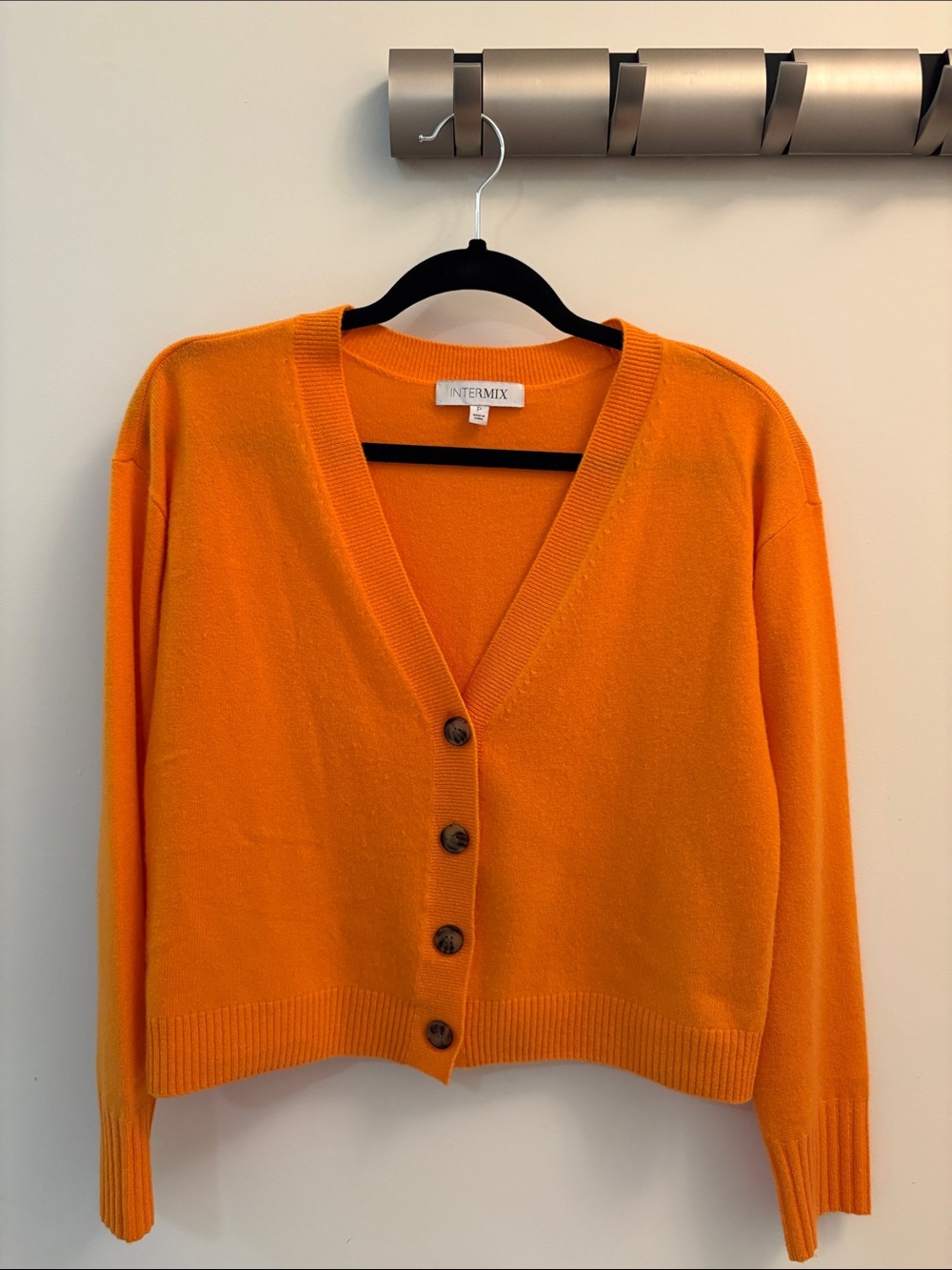 INTERMIX Bright Orange 100% Cashmere V-Neck Button Sweater